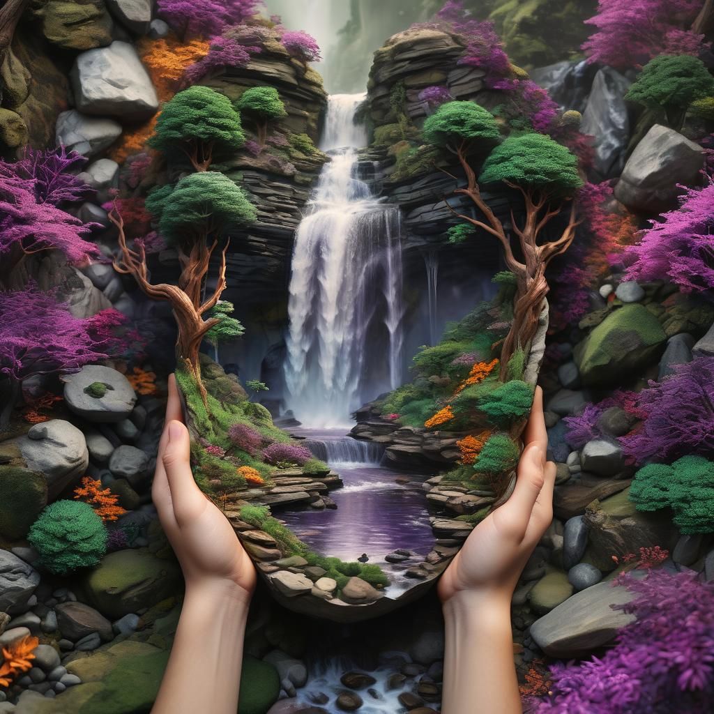Hyperrealistic Miniature Landscape Held in Cupped Hands