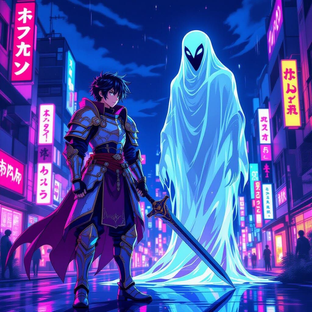 Guardian and Wraith in Neon Cityscape, Anime Style