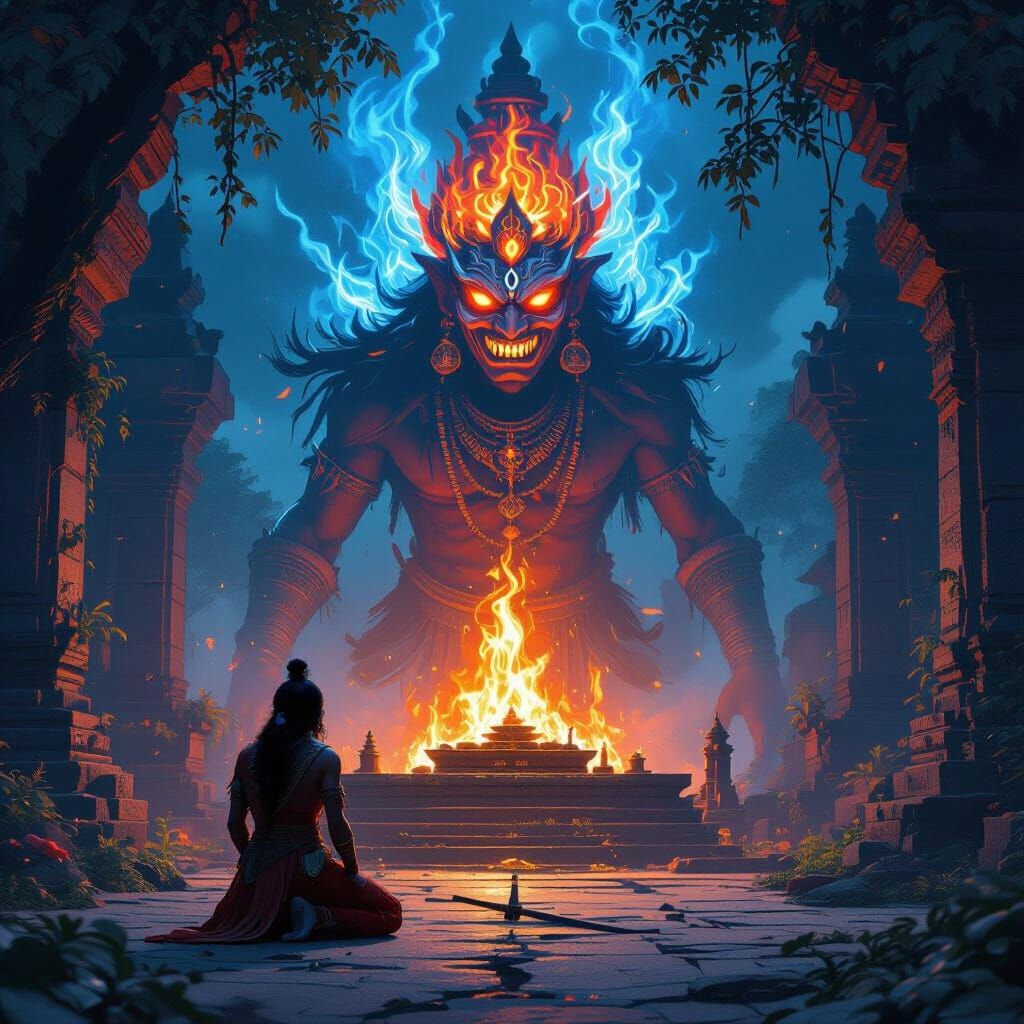 2.5D Dark Fantasy Game Art: Indian Warrior Before Fiery Daiv...