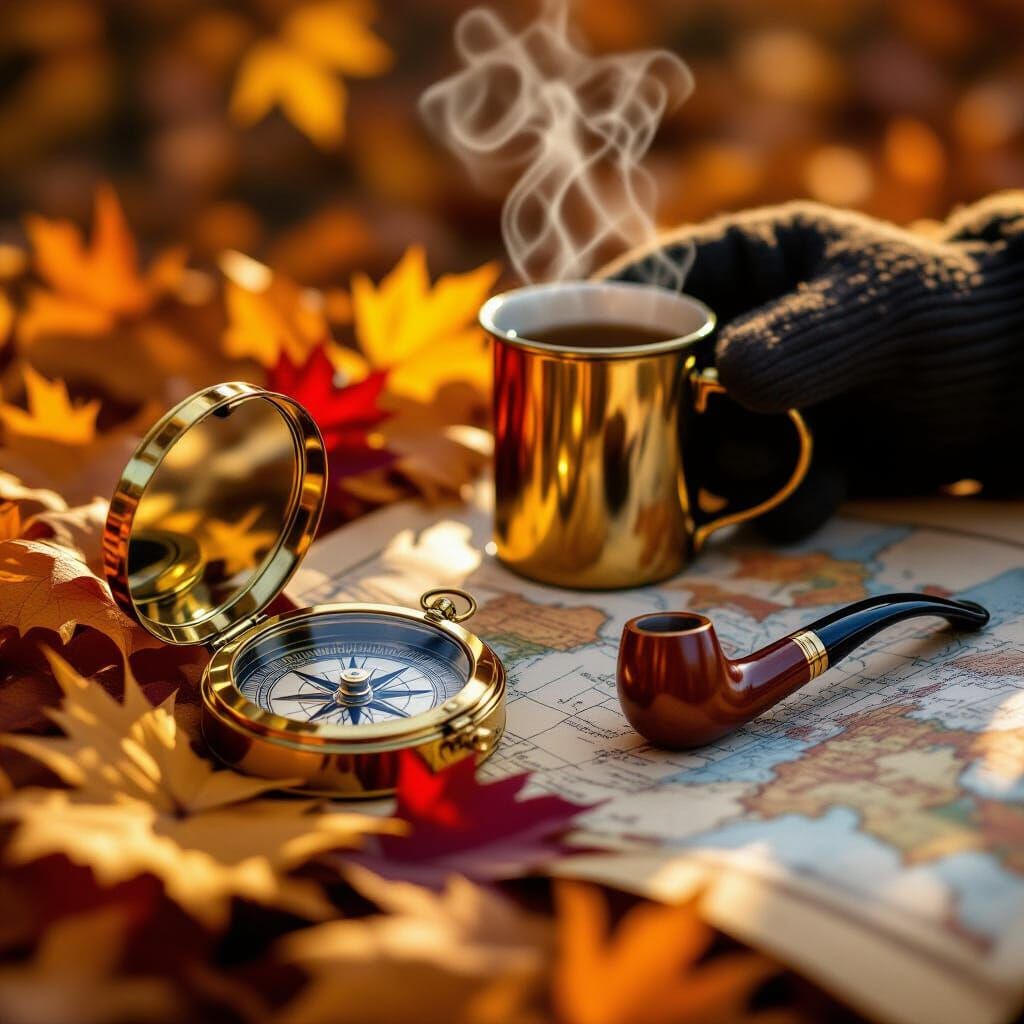Autumn Scene: Compass, Pipe, and Map in Golden Hour Light