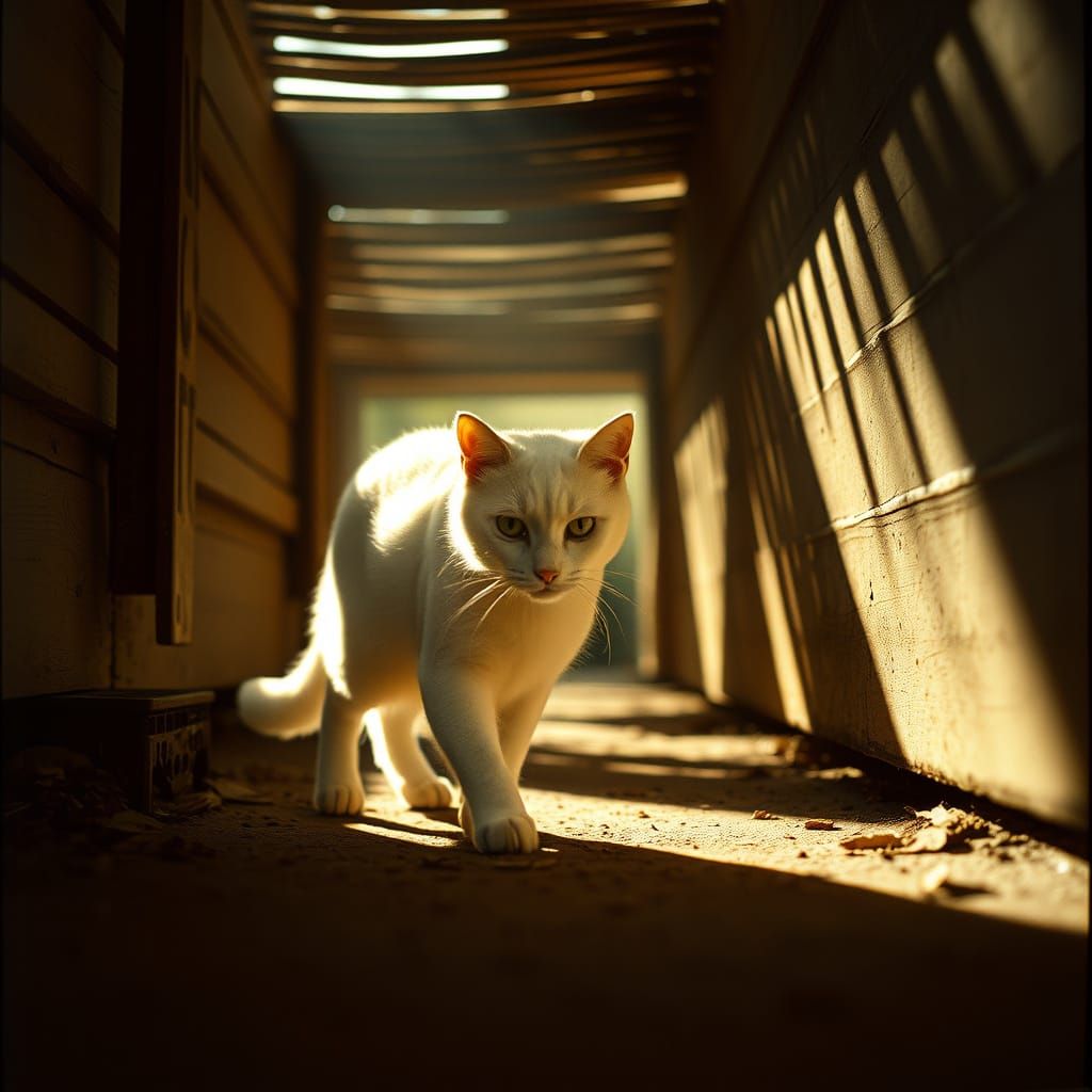 Majestic White Cat Explores Porch Shadows in Golden Light
