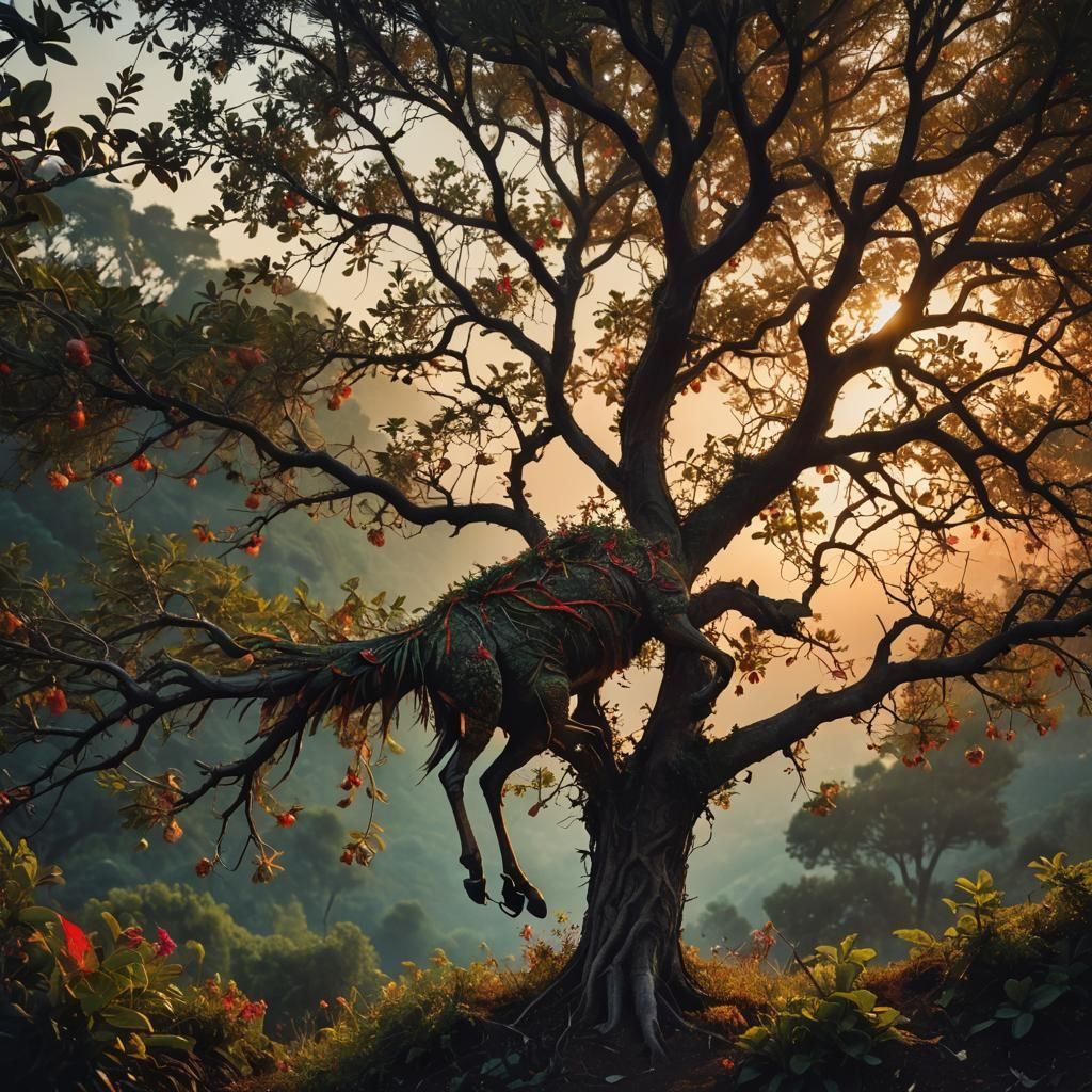 Surreal Tree Chase at Sunset in Double Exposure