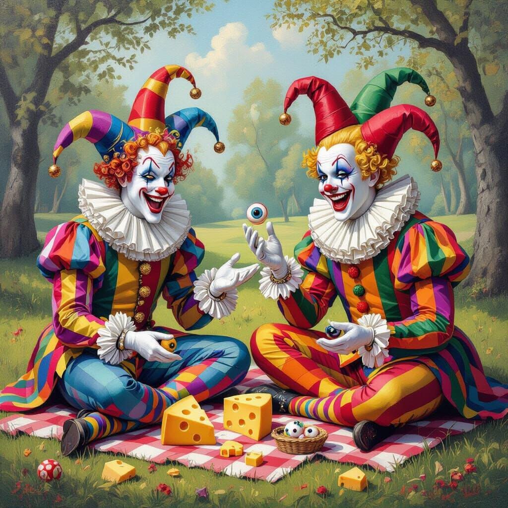 Harlequin Jesters Picnic in Surreal Beryl Cook Style
