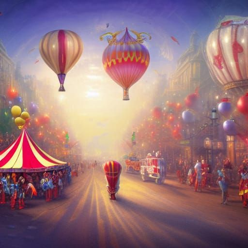 Futuristic Circus Parade with Clowns and Elephants