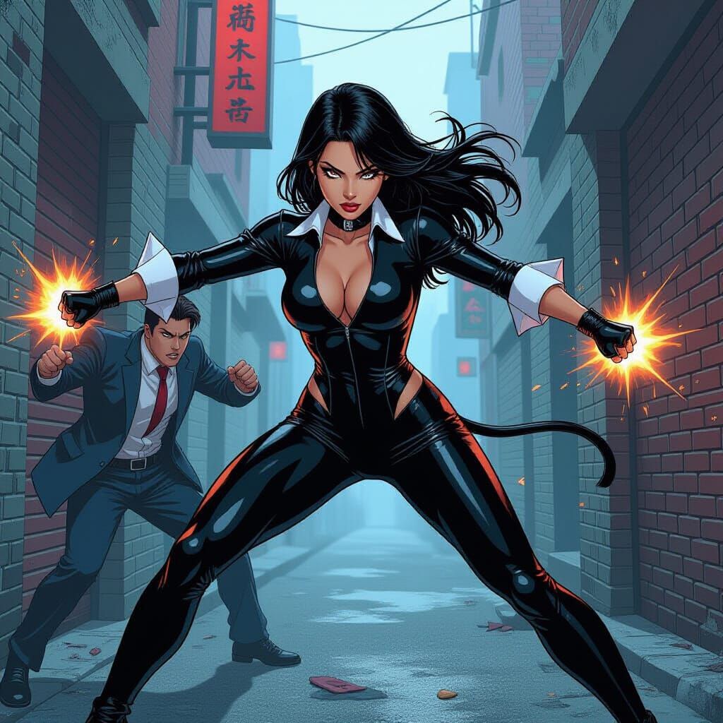 Asian Manga Superheroine Fights Villain in Dark Alley