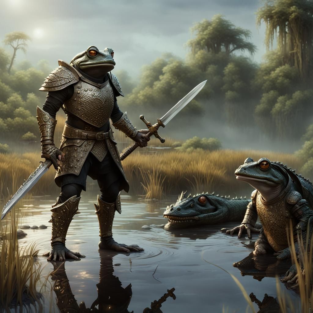Frog Warrior and Crocodile in Dark Marshlands