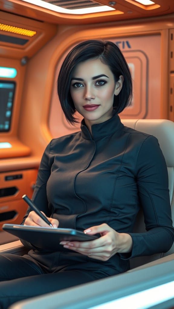 Futuristic Starship Officer Focuses on Navigation Plans