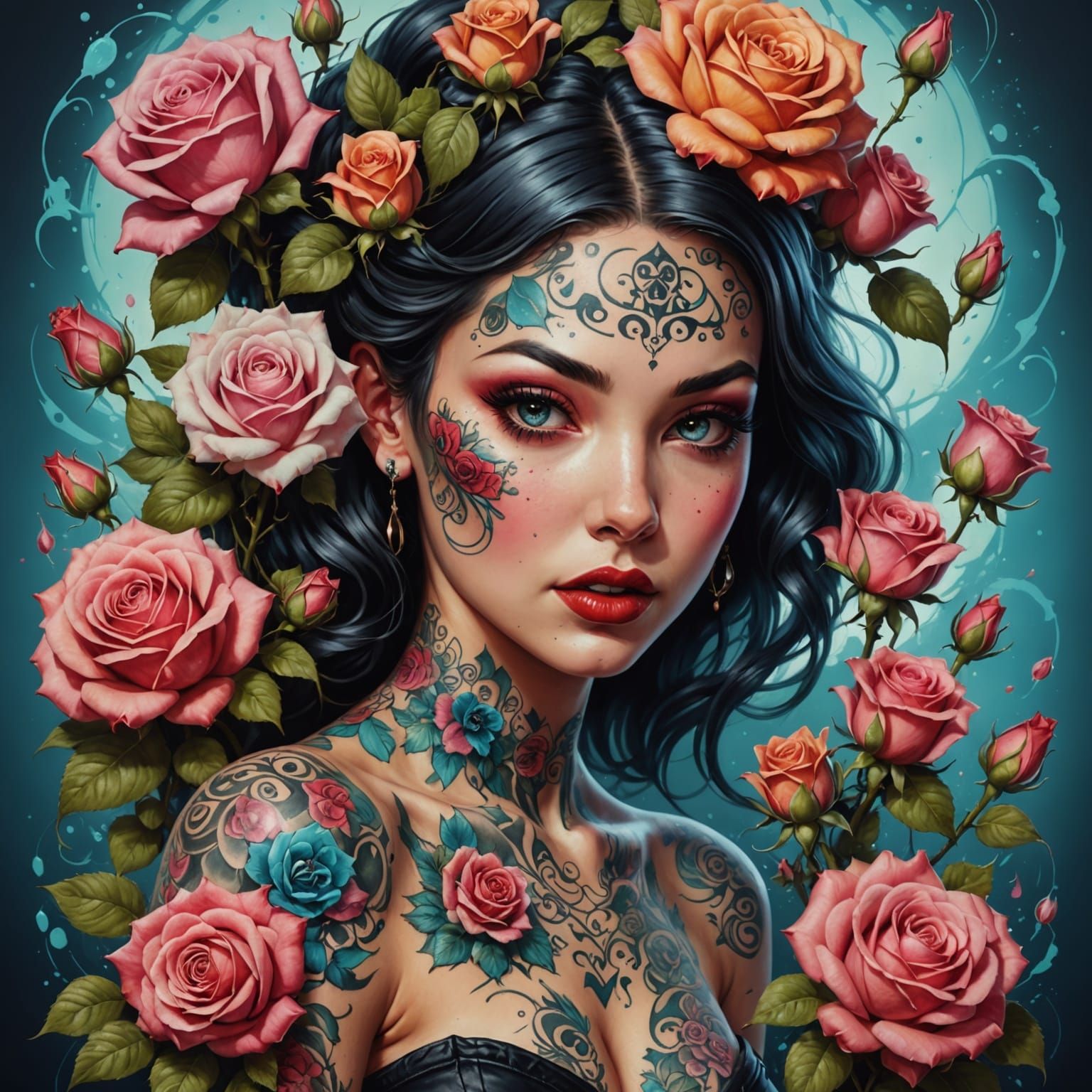 Surreal Tattooed Pinup Girl Surrounded by Vibrant Roses in U...