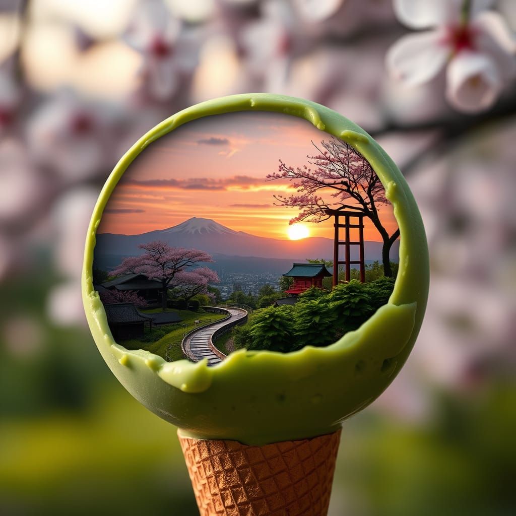 Matcha Ice Cream Scoop with Japanese Sunrise