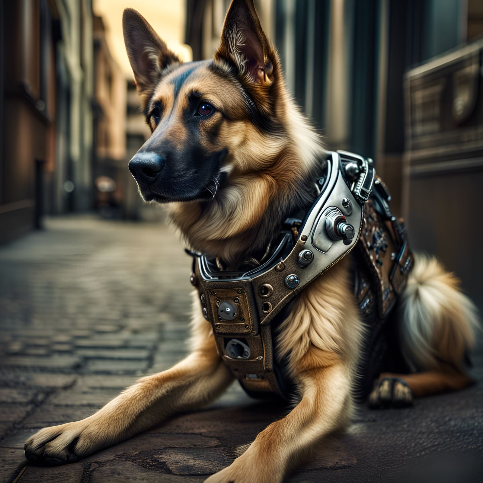 Hyperrealistic Half-Robot German Shepard Dog Adventure