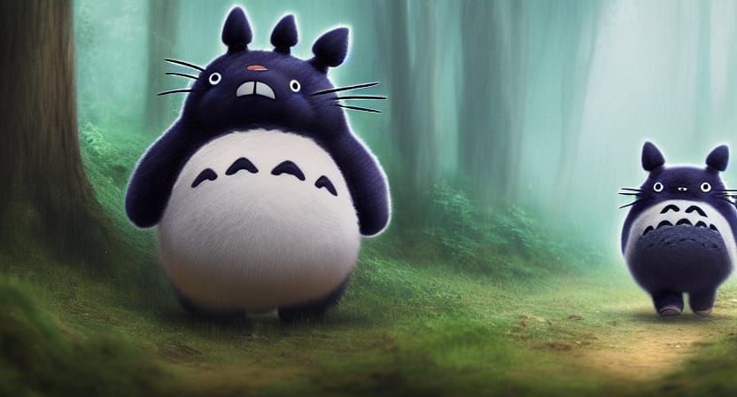 Totoro Walks in Rainy Forest: Detailed Matte Painting