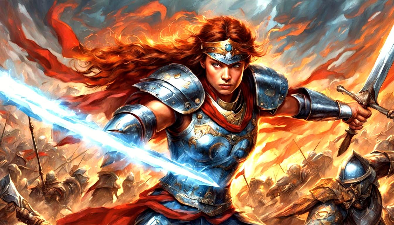 Ethereal Amazon Warrior Engages Epic Battle Against Darkness