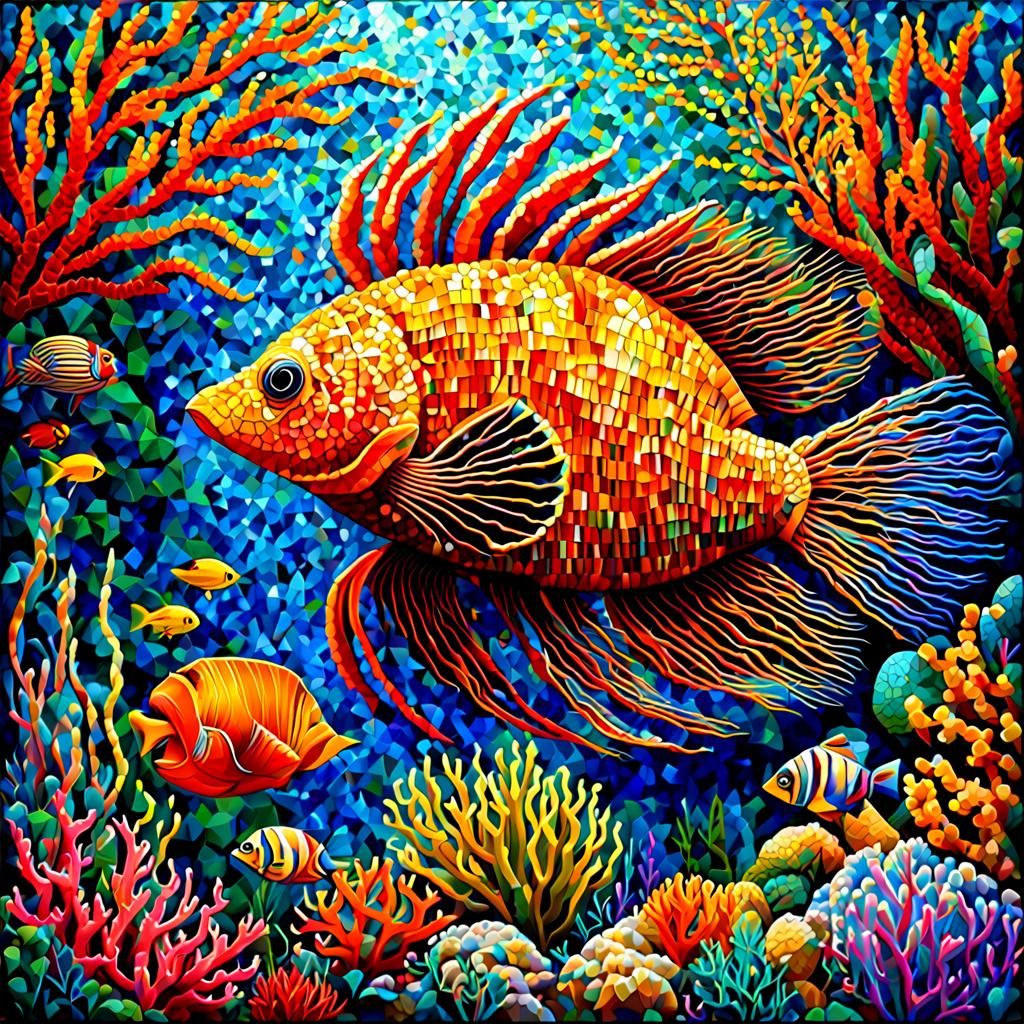 Vibrant Underwater Life Mosaic in Colorful Tiles