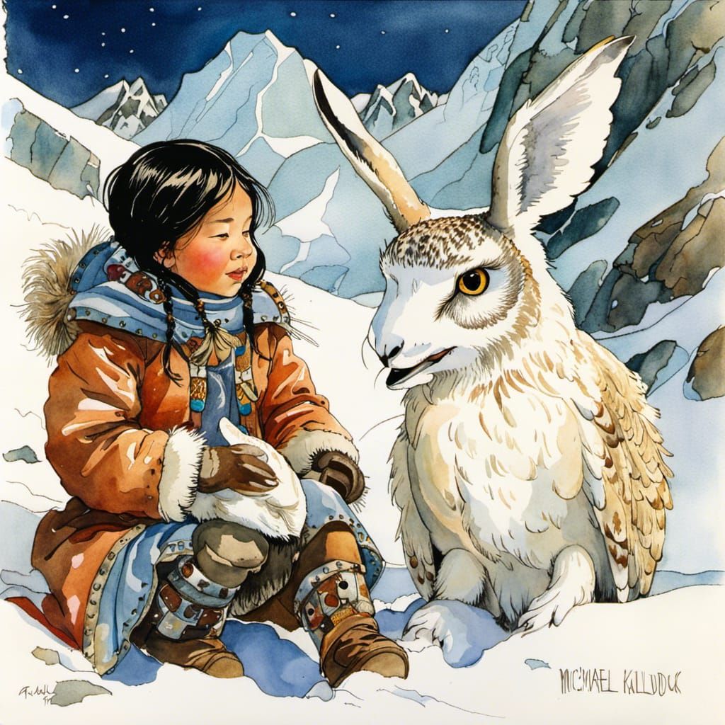 Mythological Owl-Rabbit Snow Creature