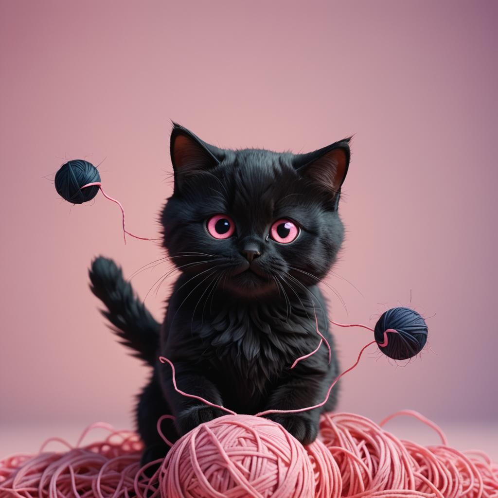 Black Cat Plays with Yarn: Pixar 3D Art