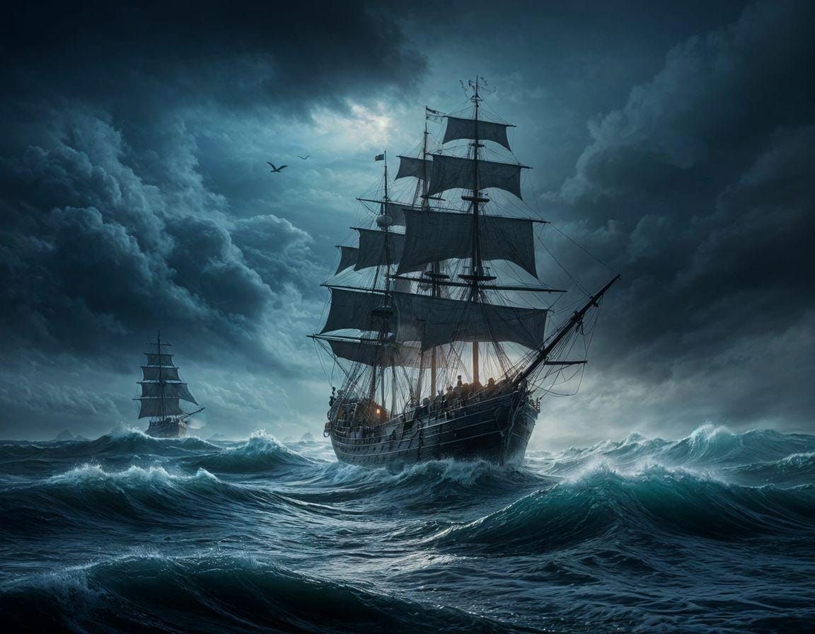 Flying Dutchman in a Foggy Nocturnal Seascape