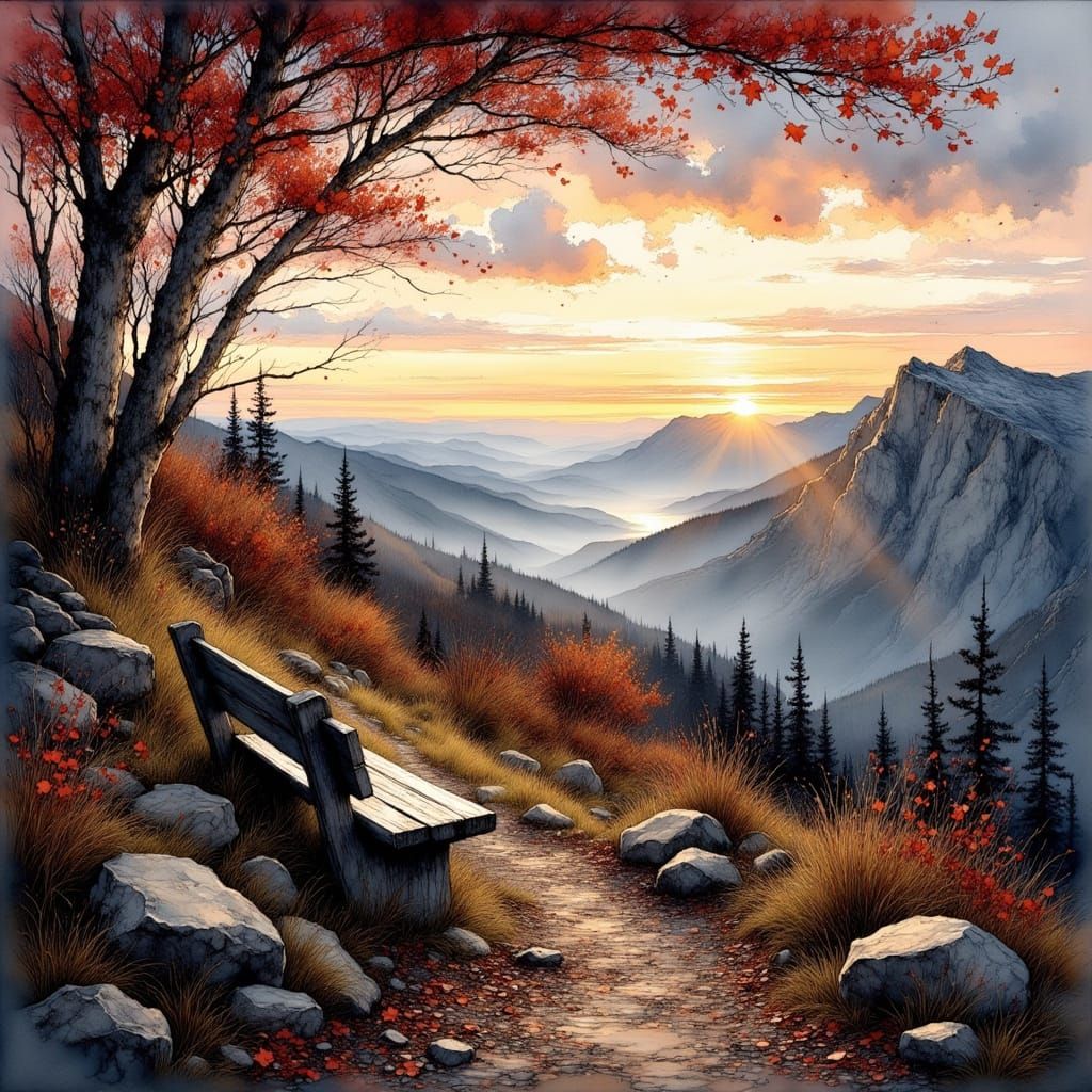 Autumn Mountain Overlook with Stone Bench
