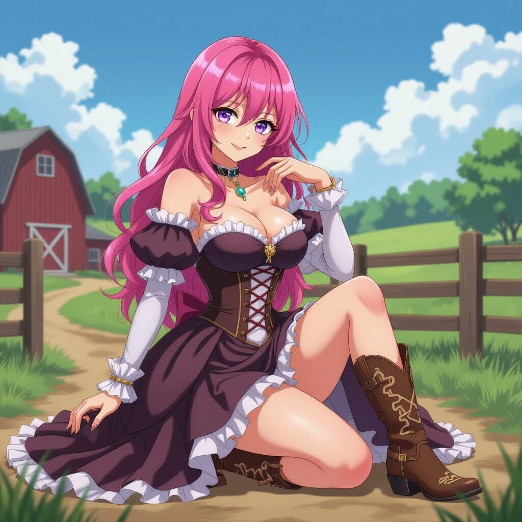 Pink Haired Woman in Cow Print Victorian Gown on Farm