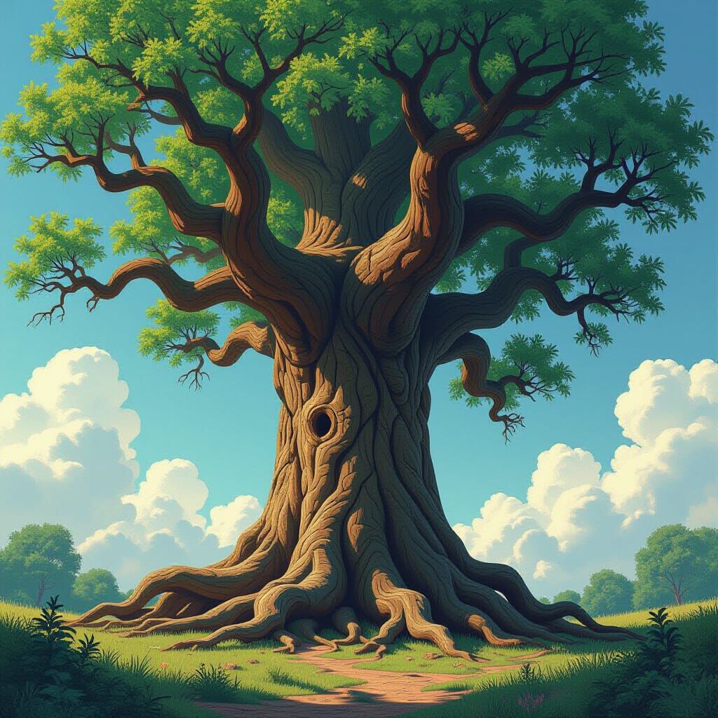 Ancient Tree with Gnarled Branches and Retro-Futuristic Styl...
