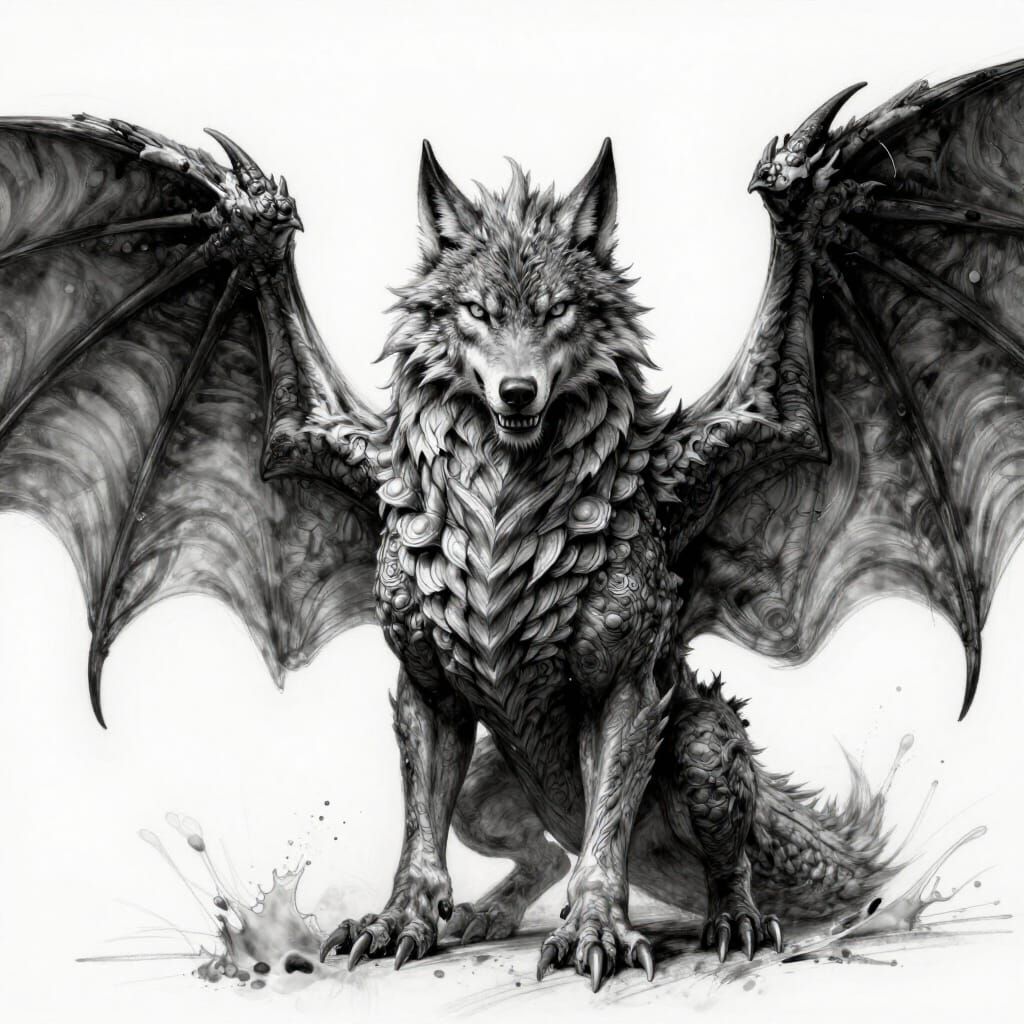 Dragon With Wolf Head and Crow Wings Matte Painting