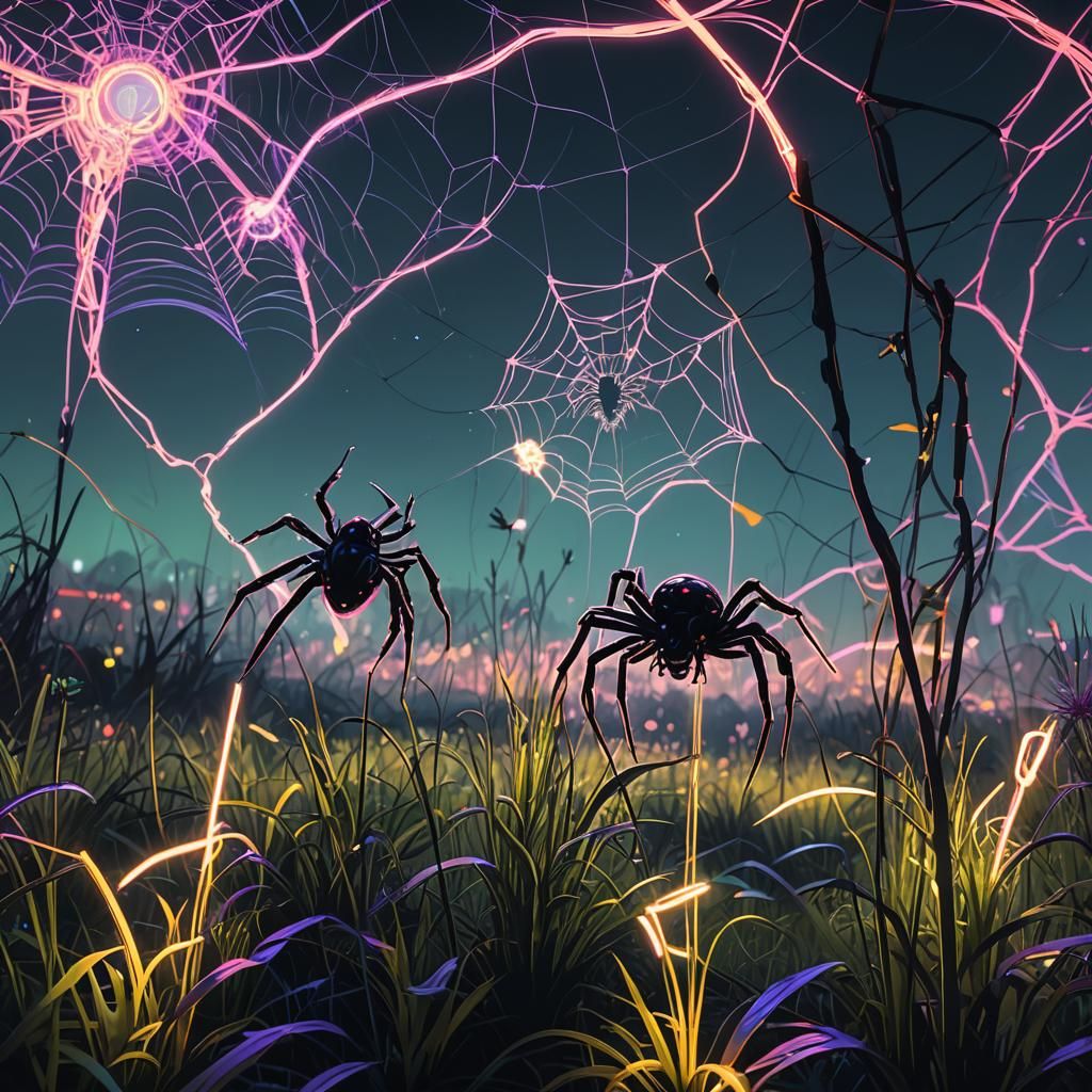 Cyberpunk Spiders Perform in Neon Moonlit Meadow