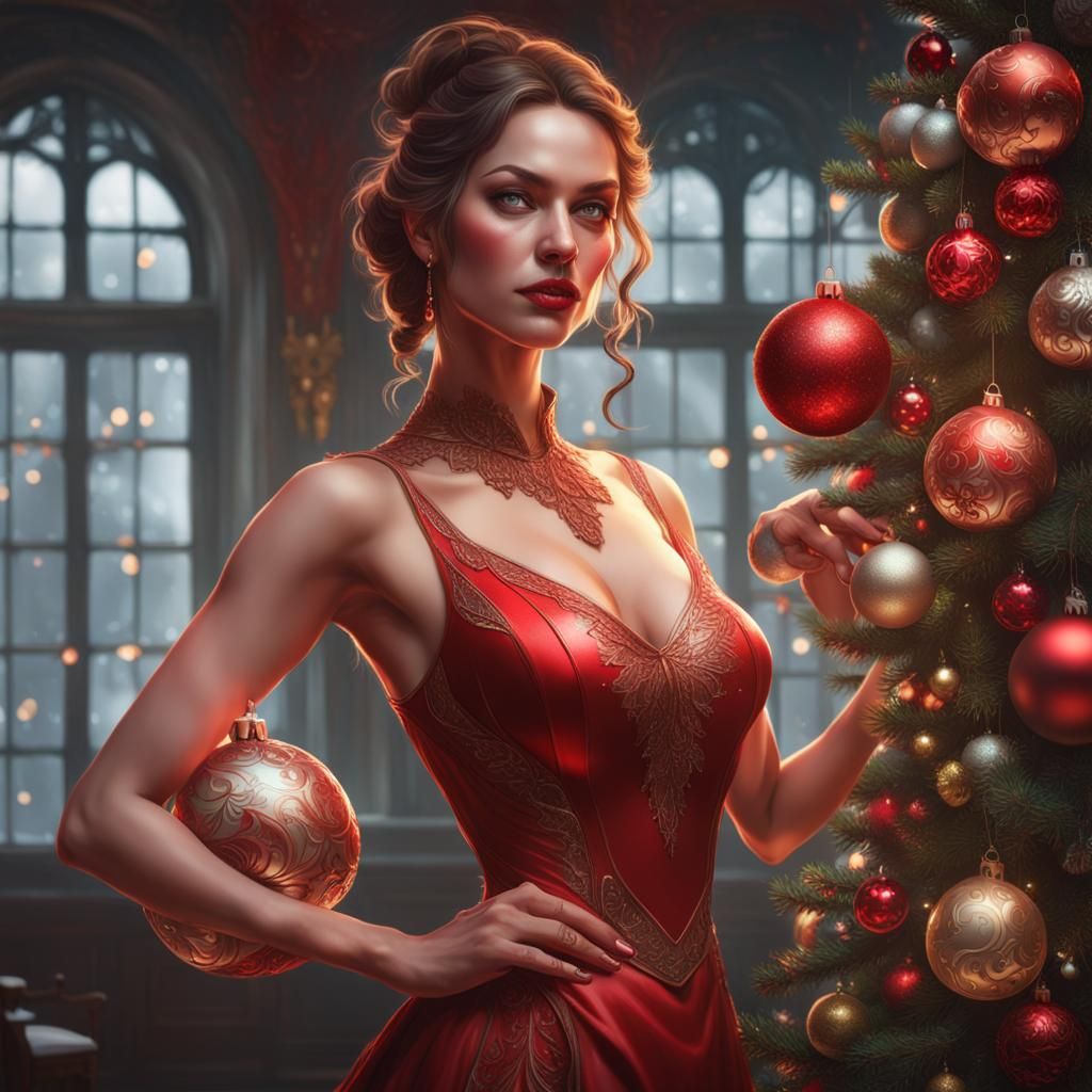 Festive Portrait: Woman with Red Nails by Christmas Tree
