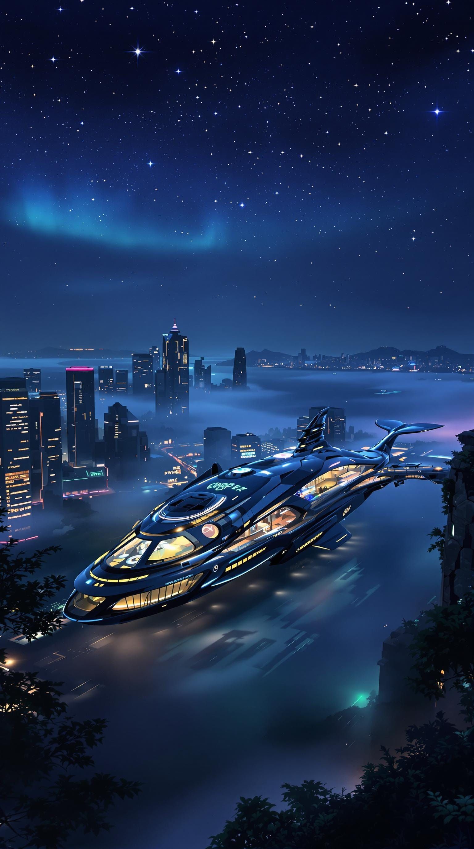 Futuristic Metropolis Rooftop View with Whale Spaceship