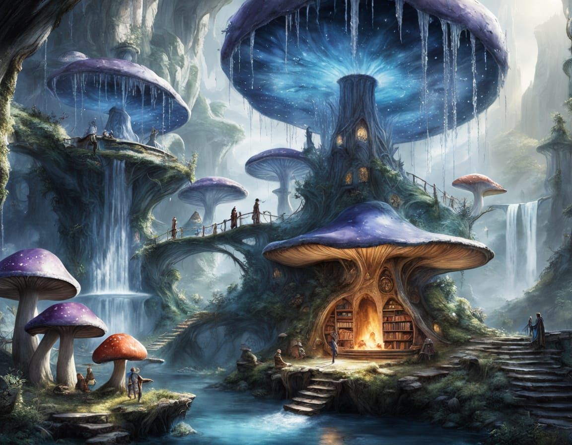 Elven Library Inside Giant Mushroom, Watercolor Style