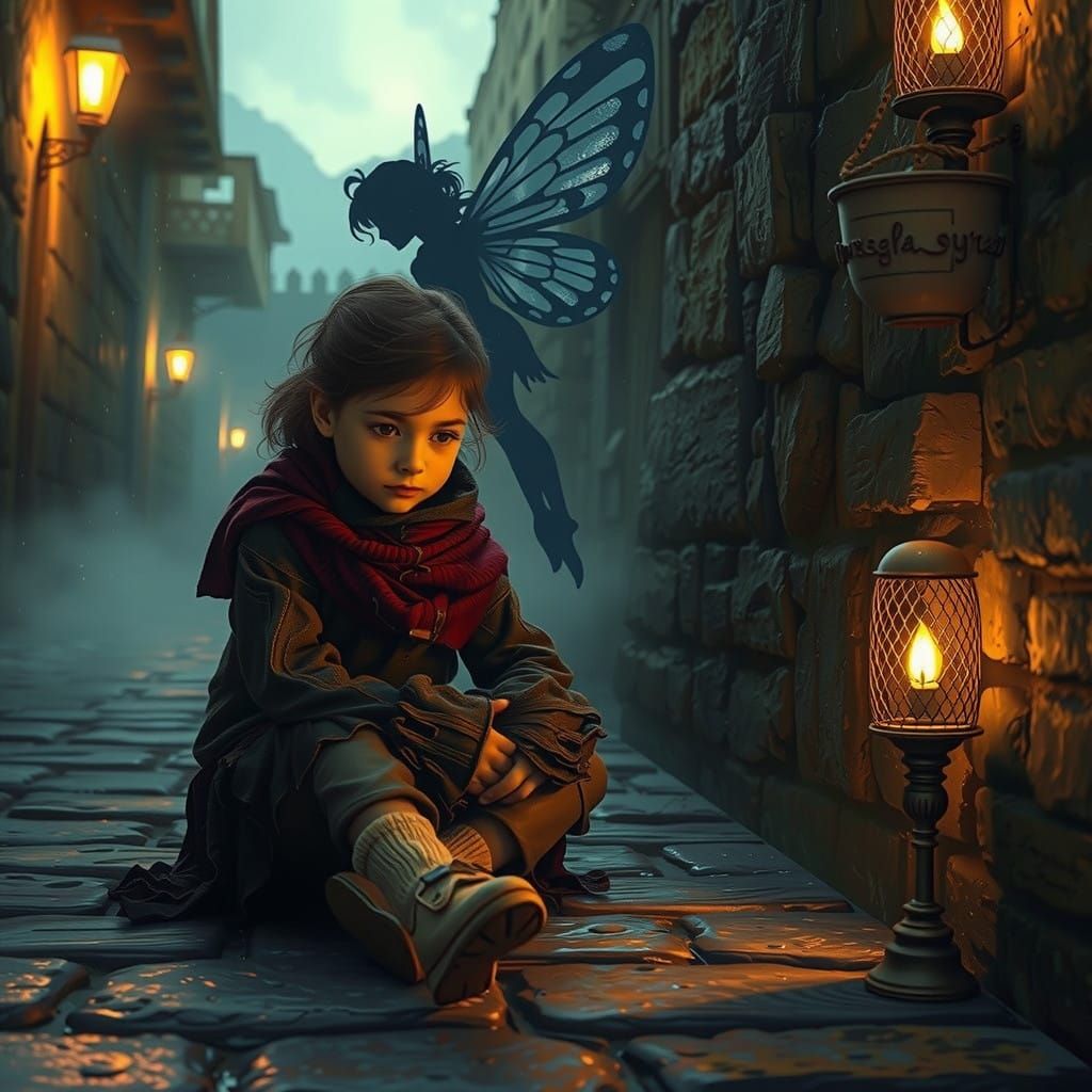 Majestic Fairy Watches Over Young Orphan Girl in Cold Alleyw...