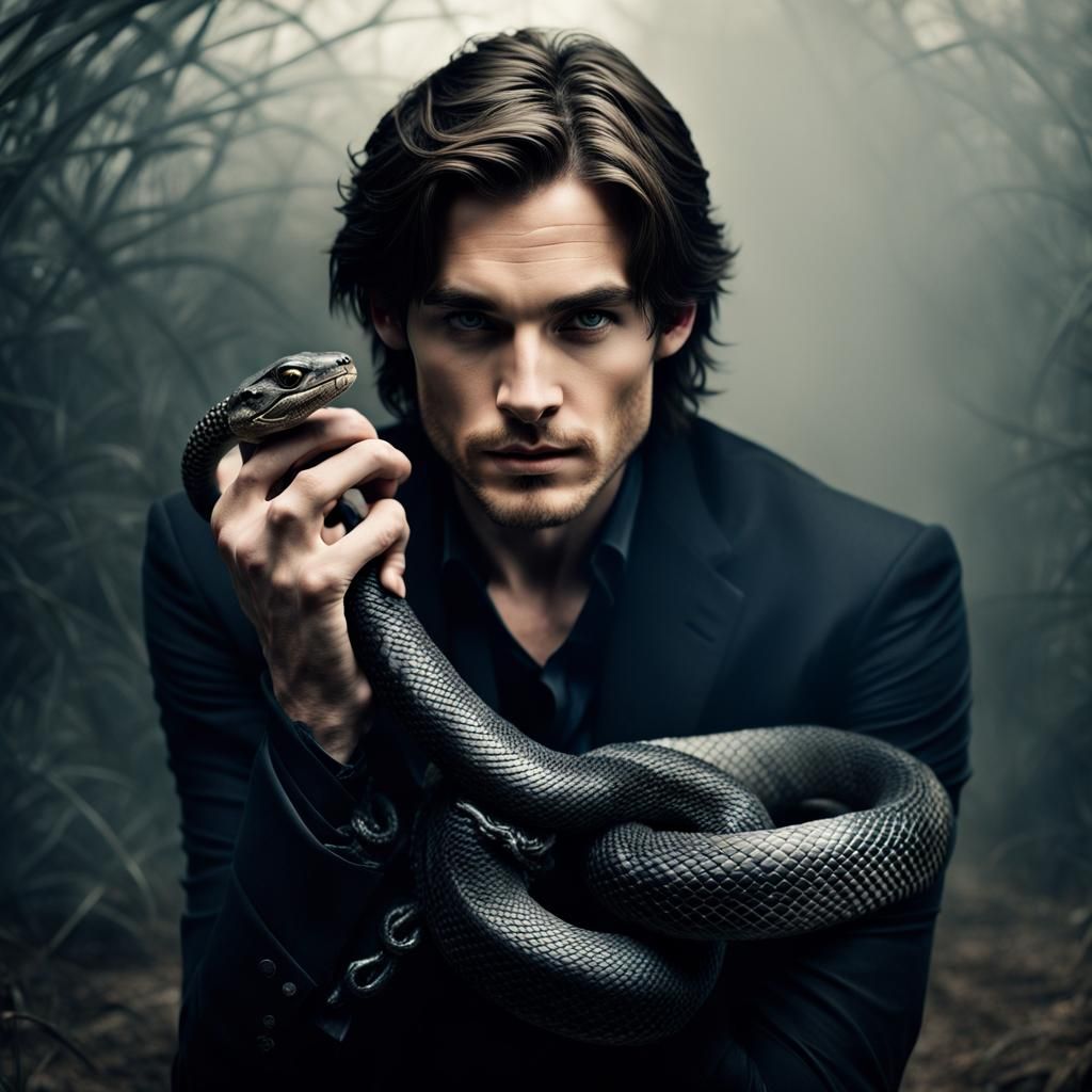 Young Man with Snake in Hyperrealistic Photo