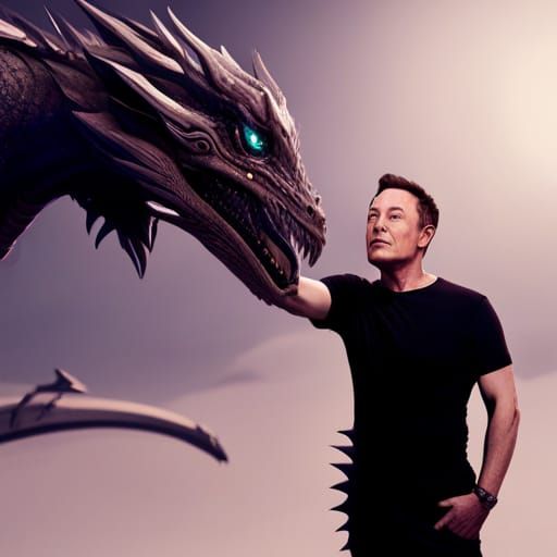 Elon Musk Selfie with Dragon, Detailed Digital Art