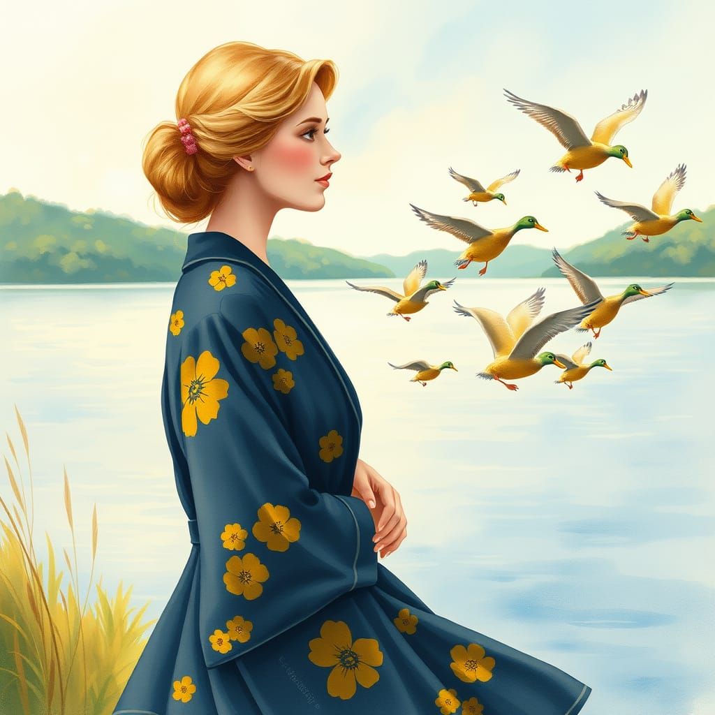 Serenely Smiling Woman in Dark Blue Robe with Floral Pattern...