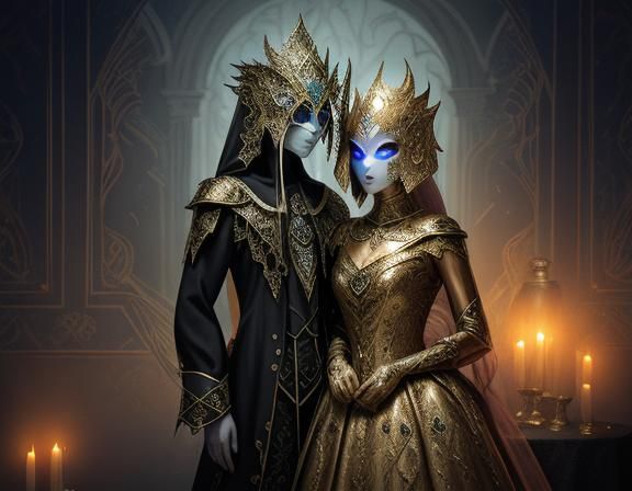Mysterious Glowing Figures in Venetian Masks: Gothic Surreal...