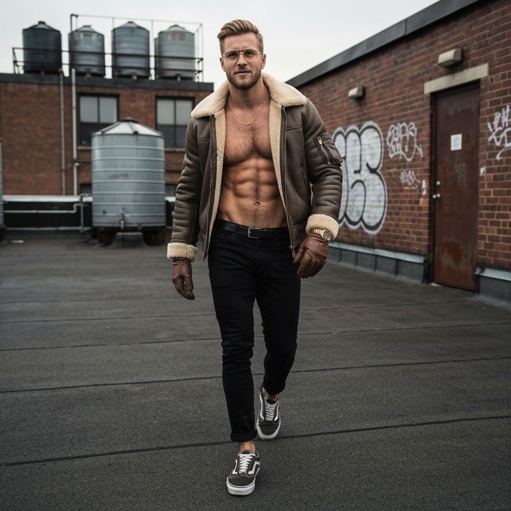 Athletic Man on Manhattan Rooftop in Shearling Jacket