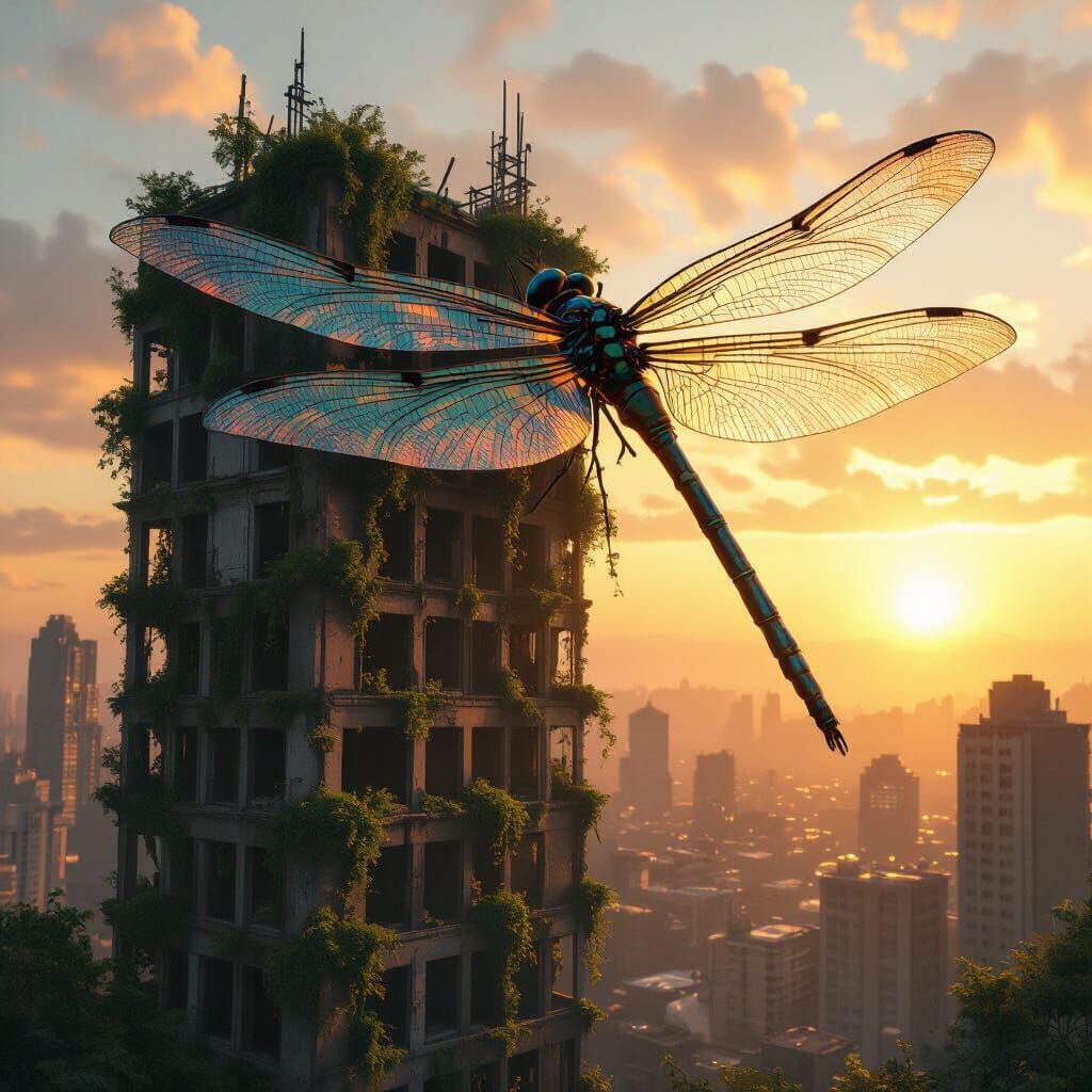 Giant Dragonfly over Post-Apocalyptic Cityscape