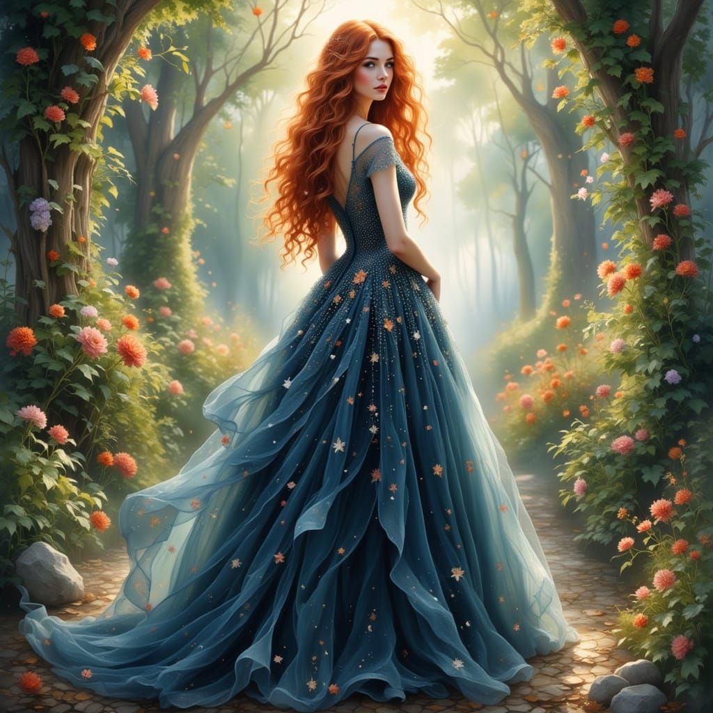 Elegant Redhead in Blue Gown, Anime Style