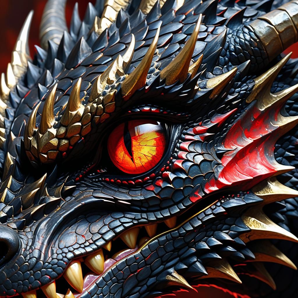 Dragon Eye Close-up: Black, Gold, and Red Oil Painting