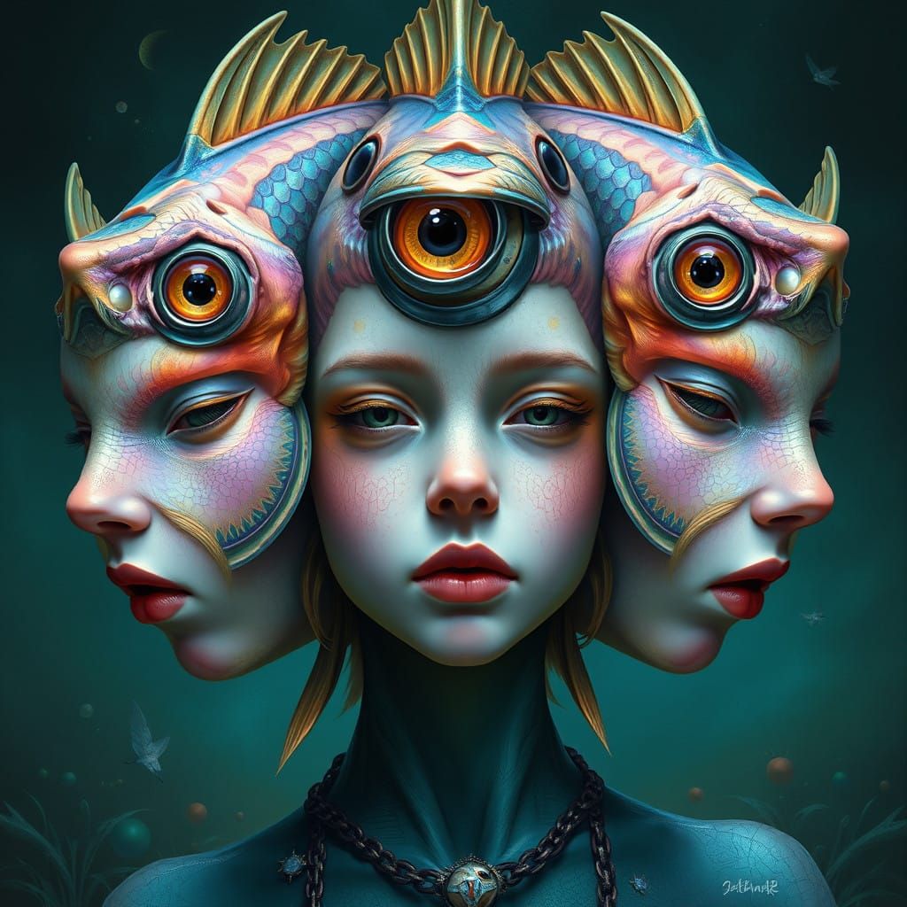 Fantastical Triple-Faced Girl in Exquisite Matte Painting