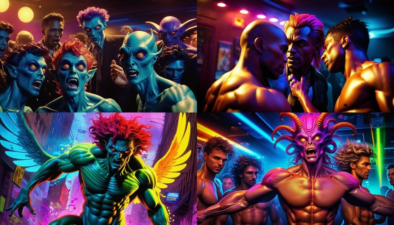 Muscular Angels and Demons Dancing in Graffiti Art Style