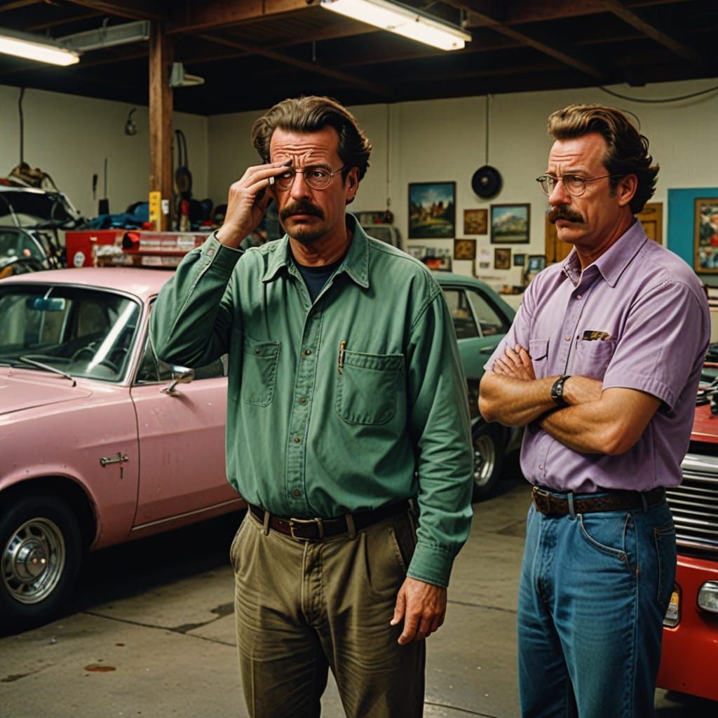 Confused Mechanic with Ned Flanders in Surreal Style