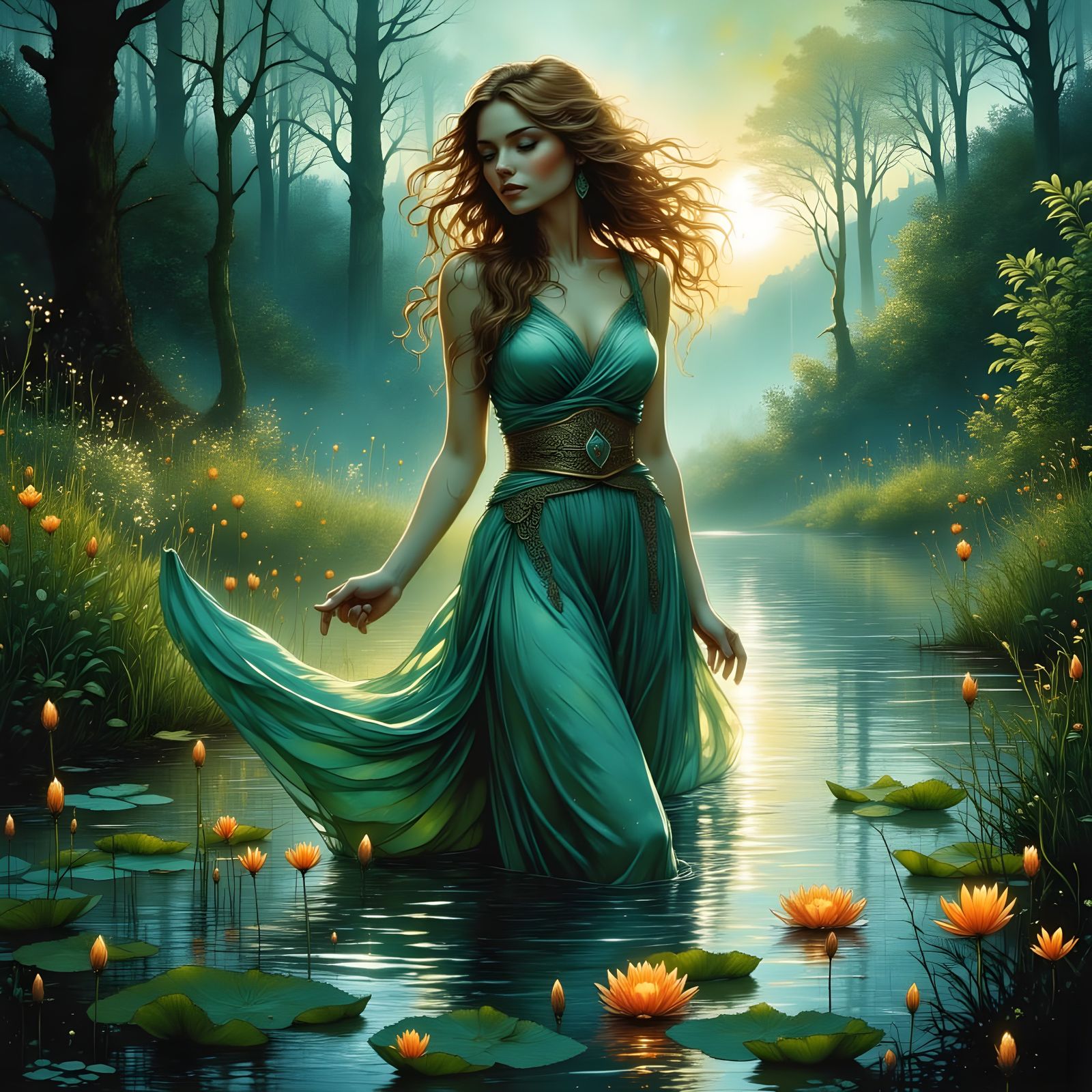 Norse Goddess in Lily Pond, Fantasy Concept Art