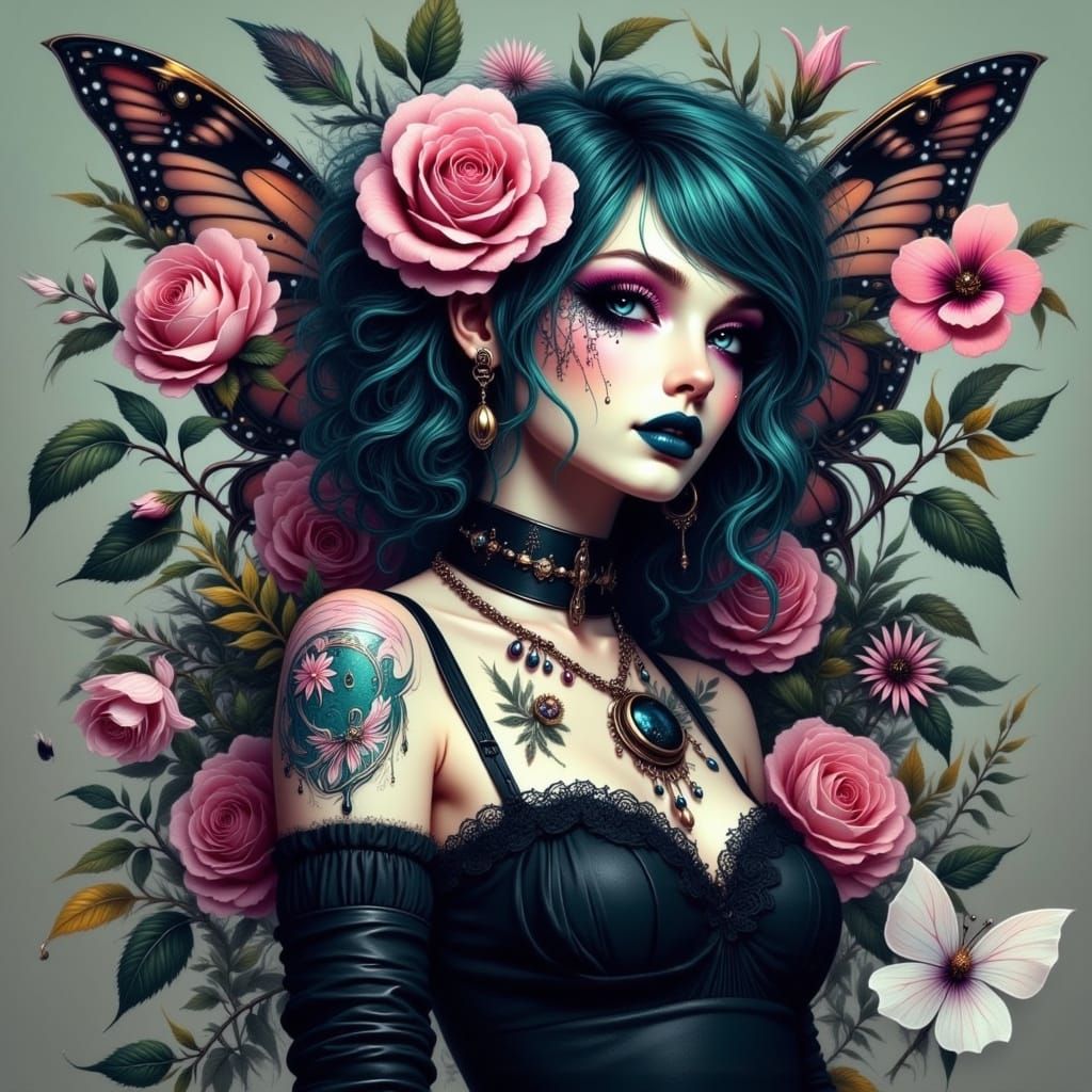 Enchanting Fairy Goth Siren in Whimsical Botanical Setting