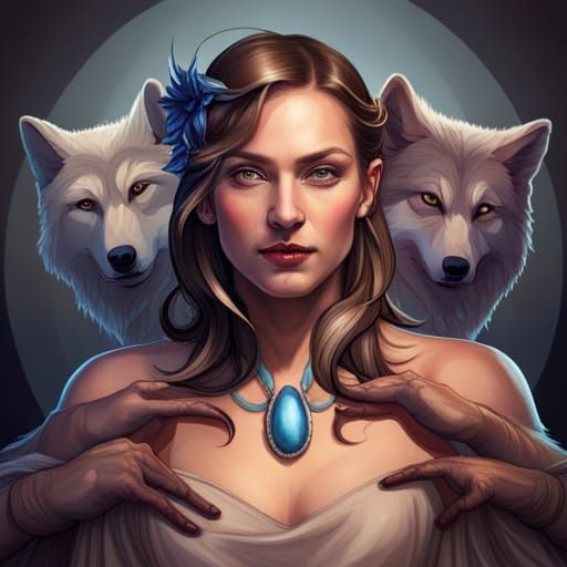 Mystical Woman Portrait with Wolves, Detailed Digital Art