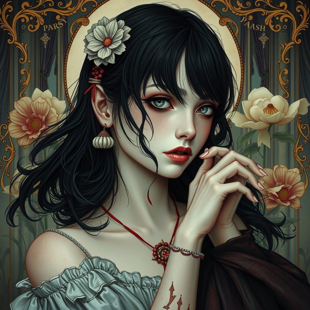 Melancholic Emo Goth Girl in Haunting Neoclassical Setting