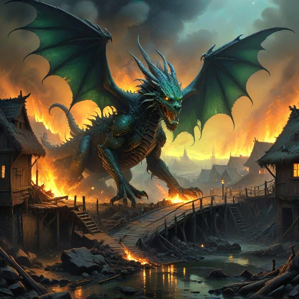 Golden Demoness Burns Medieval Village in Fiery Inferno