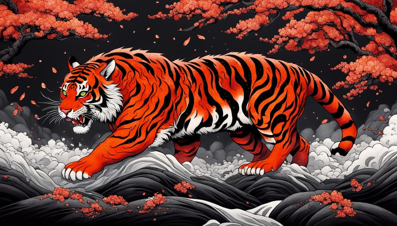 Tiger of Blazing Inferno, in Dramatic Red-Black Contrast