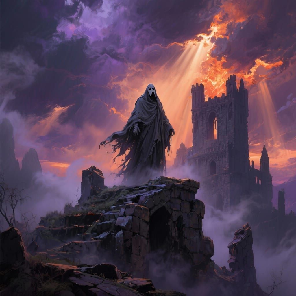 Spectral Ghostface Figure on Ancient Castle Ruin