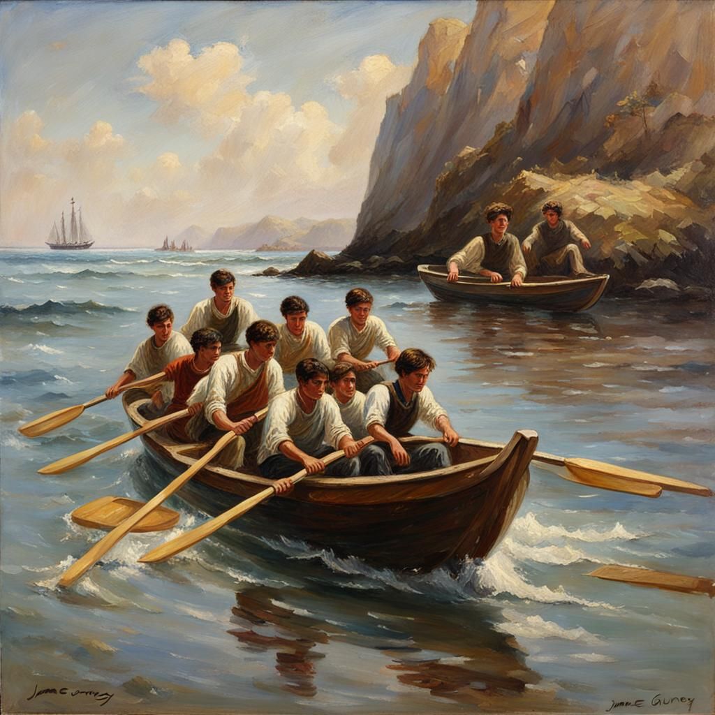 Young Men Rowing Boat: Oil Painting