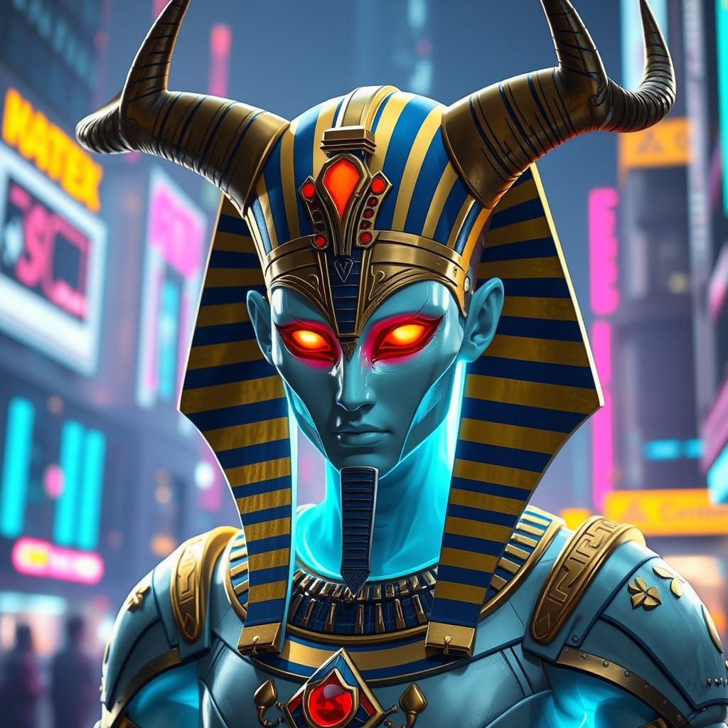 Ancient Futurist Pharaoh in Neon City