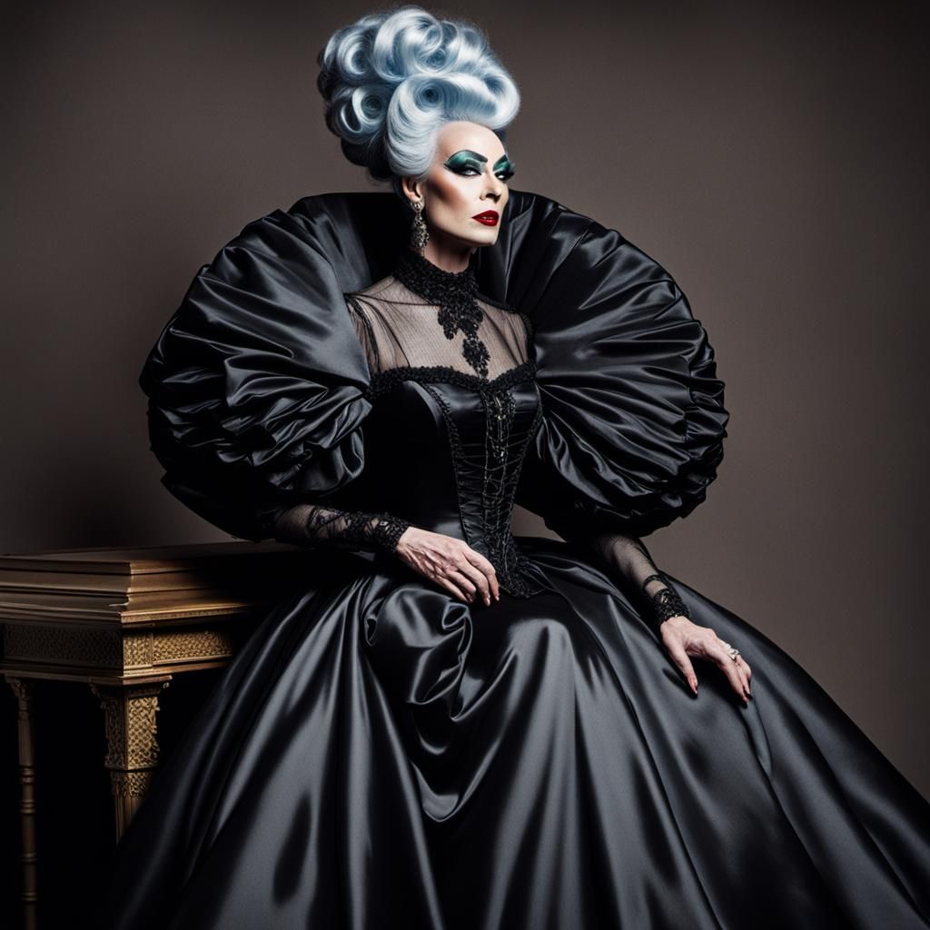 Victorian Drag Queen in Black Satin Gown